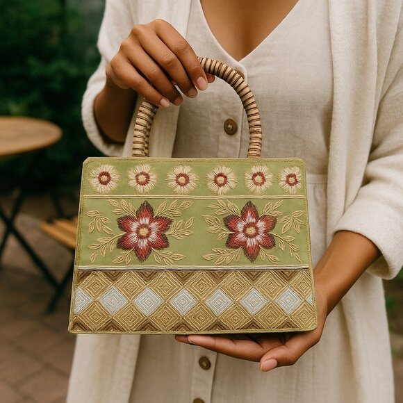 VINTAGE Beaded Seed Bead Floral Silk Purse Handbag Mini Shopper Small Bag - Picture 2 of 11